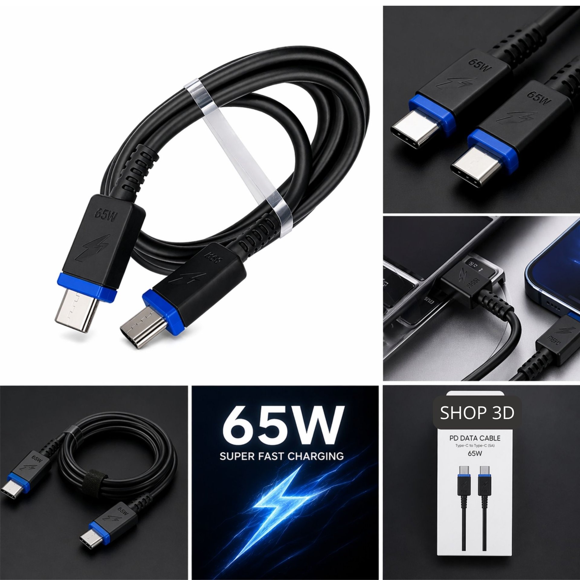 Câble De Charge Rapide Pd 65w Double Type C 1m - Image 1 of 4