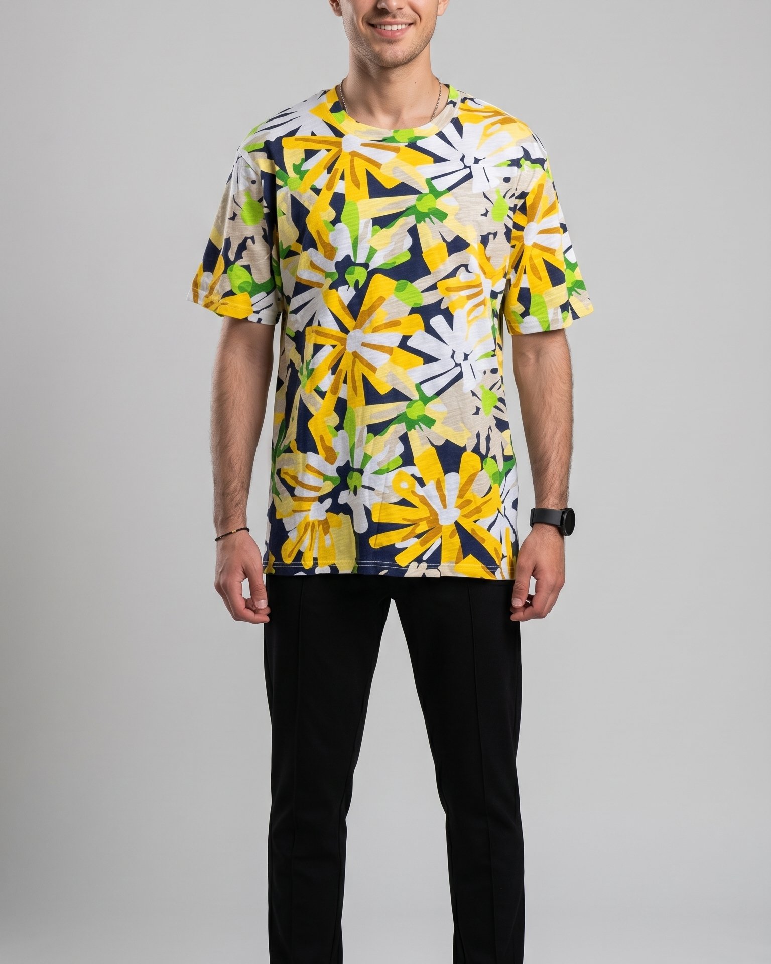 T-shirt Homme À Motif Floral Jaune Et Vert - Image 1 of 2