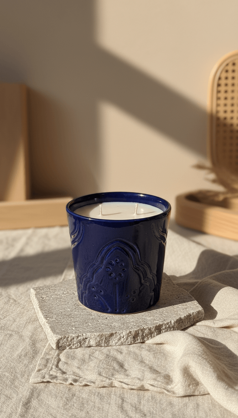 Bougie Parfumée Jasmin Vanille - Pot Argile Bleu Artisanal - Image 1 of 2