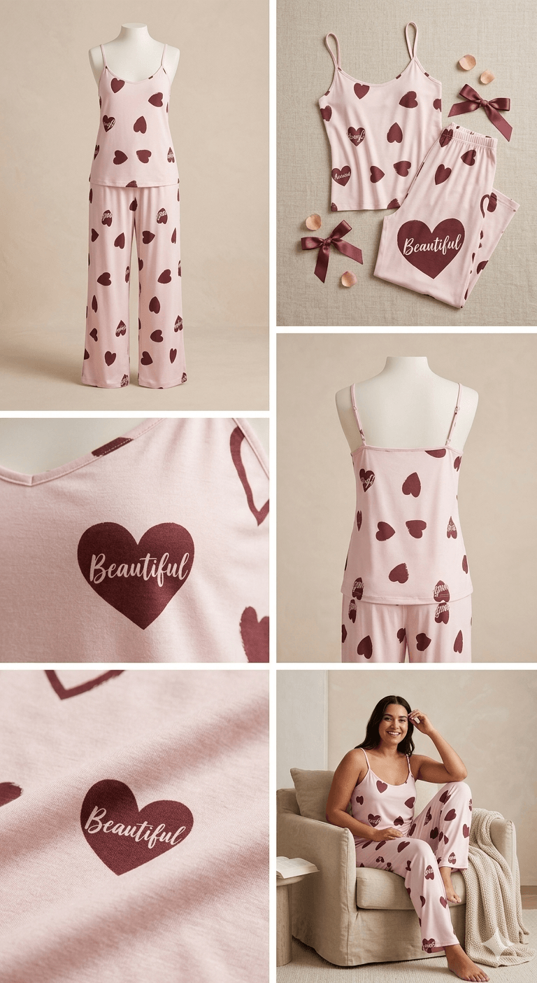 Ensemble Pyjama 2 Pièces Rose Poudré – Débardeur Et Pantalon Fluide À Motifs Cœurs "beautiful" - Image 1 of 1