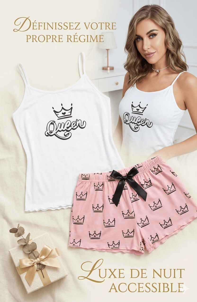 Ensemble Pyjama D'été "queen" – Débardeur Blanc & Short Rose À Motifs Couronnes M/l - Image 1 of 1