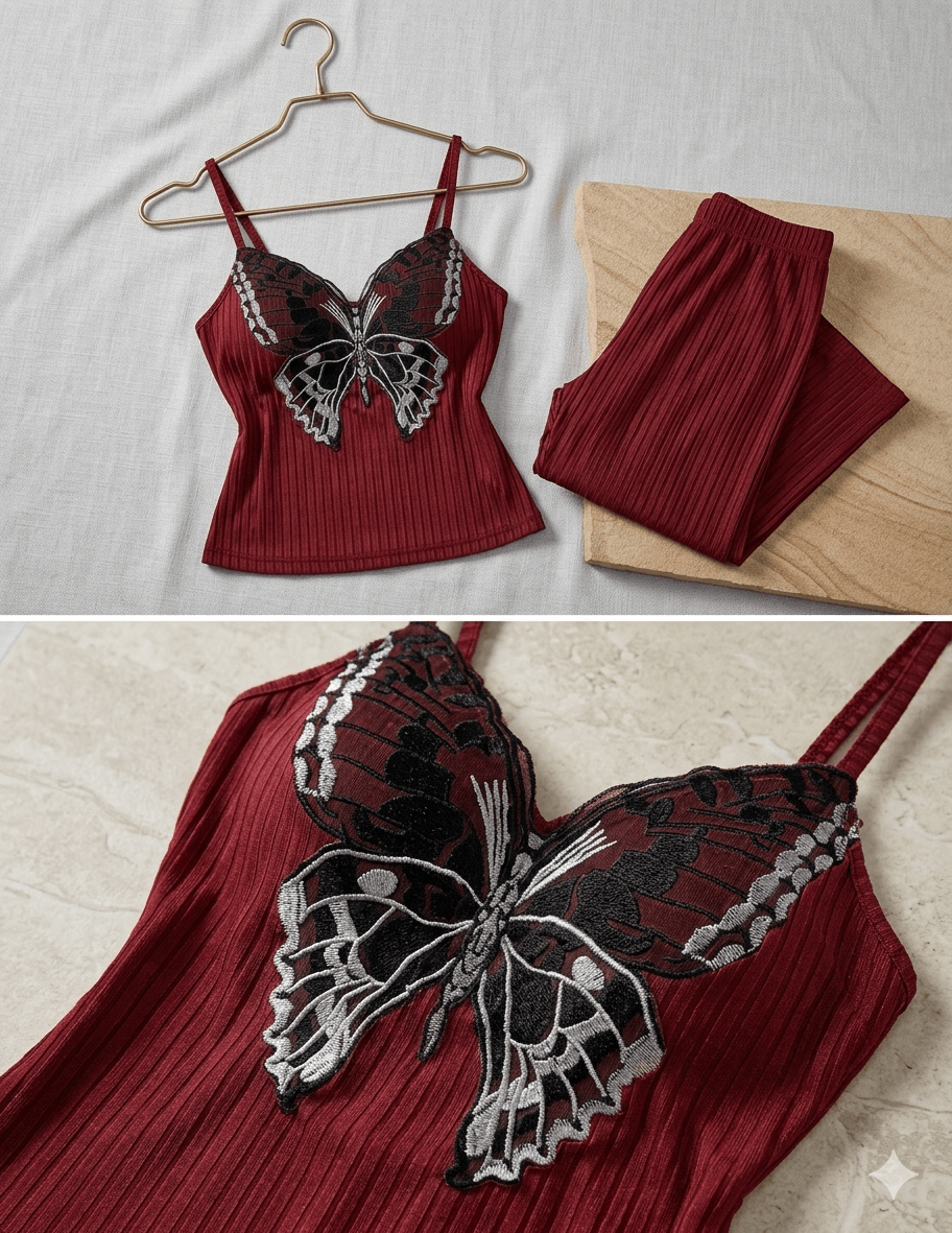 Ensemble De Lingerie Bordeaux Plissé Avec Applique Papillon Brodée - Image 1 of 1