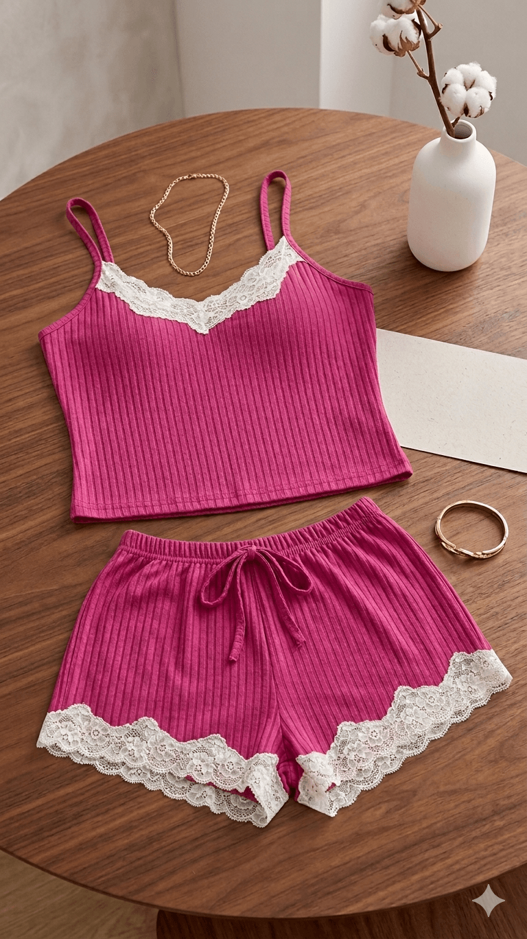 Ensemble Lingerie De Nuit 2 Pièces - Caraco À Bretelles Et Short En Maille Nervurée Avec Dentelle Blanche M/l - Image 1 of 1