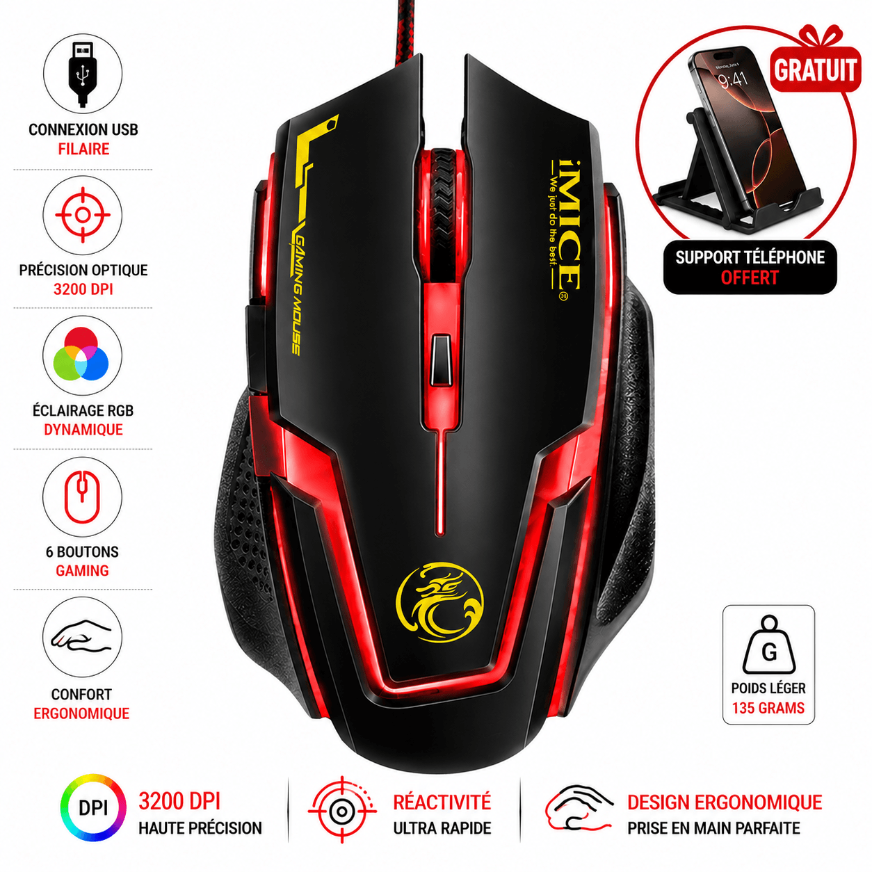 Souris Gaming Rgb Professionnelle Support Téléphone Offert Couleur Aléatoire - Image 1 of 3