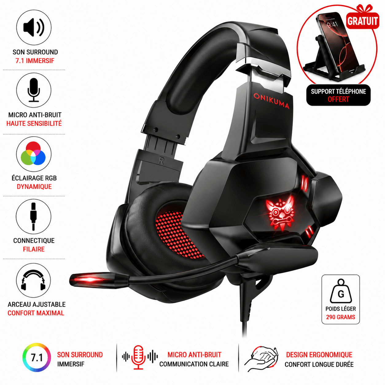 Casque Gaming Onikuma K10 Pro + Support Téléphone Gratuit - Image 1 of 2