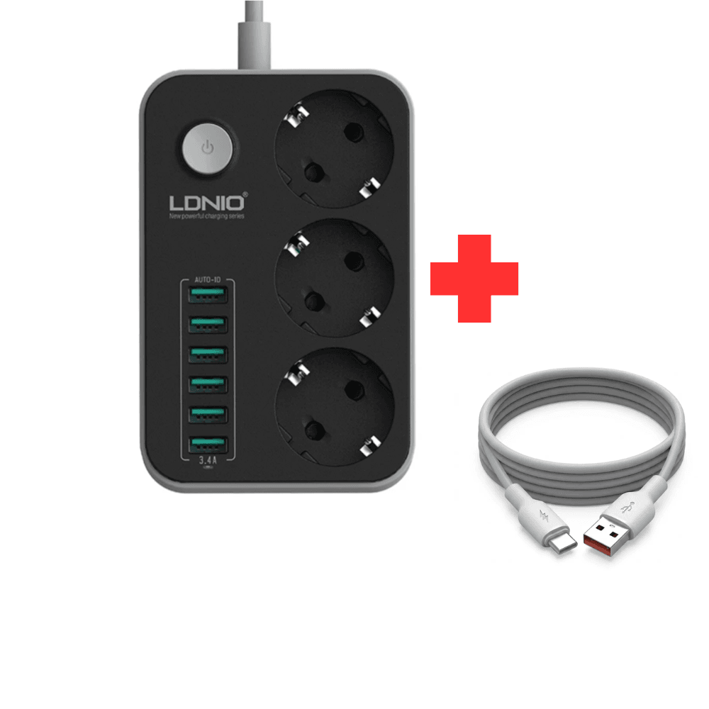Ldnio Se3631 – Multiprise 3 Prises + 6 Ports Usb 3.4a Avec Protection Intégrée + Câble Kalio Sj127 Usb-c 120w Offert - Image 1 of 3