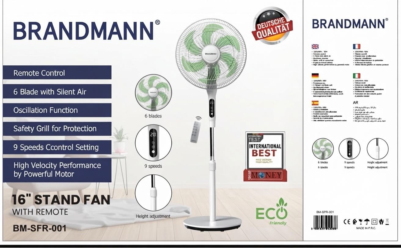 Ventilateur Sur Pied Brandmann 16" – 9 Vitesses, Télécommande, Ultra-silencieux, Marque Allemande - Image 1 of 2
