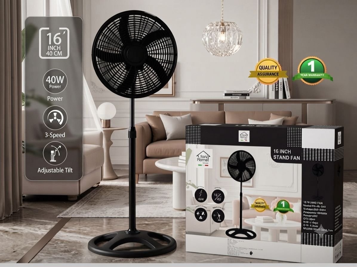 Ventilateur Sur Pied Moderne 16" (40 Cm) - 40w, 3 Vitesses, Inclinaison Réglable - Design Noir Mat Premium - Image 1 of 2