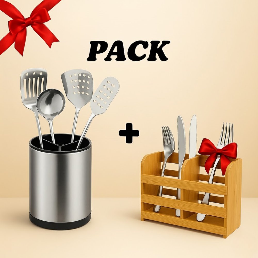 Pack 2 En 1 Rangement Cuisine : Ustensiles + Couverts Bambou - Image 1 of 4