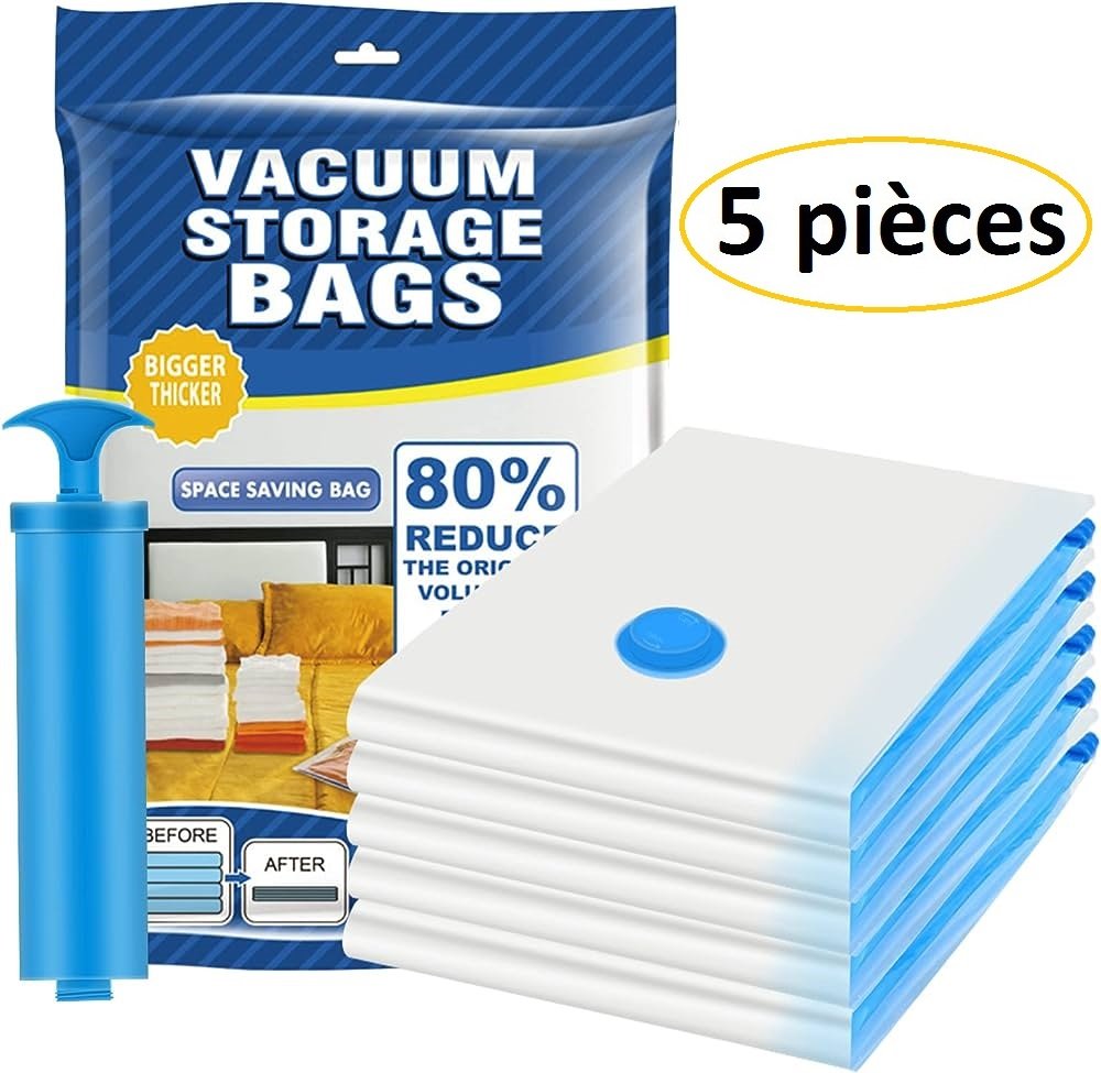 Pack 5 Sac De Rangement Pour Voyage Avec Pompe – Sac Sous Vide Stockage Vêtement - Image 1 of 8