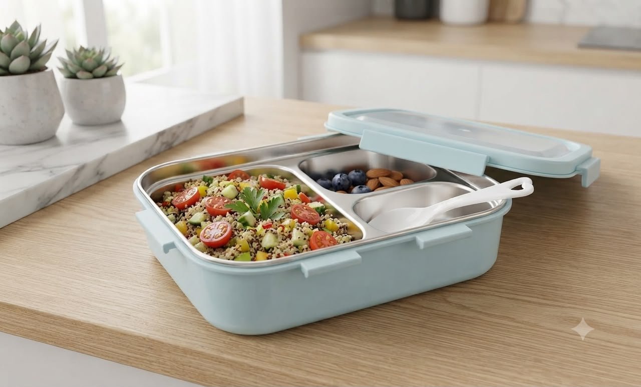 Lunch Box -3 Compartiments Inox + Cuillère-compatible Micro-ondes - Image 1 of 2