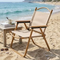 Chaise De Camping Pliante Style Scandinave – Bois Et Toile Beige