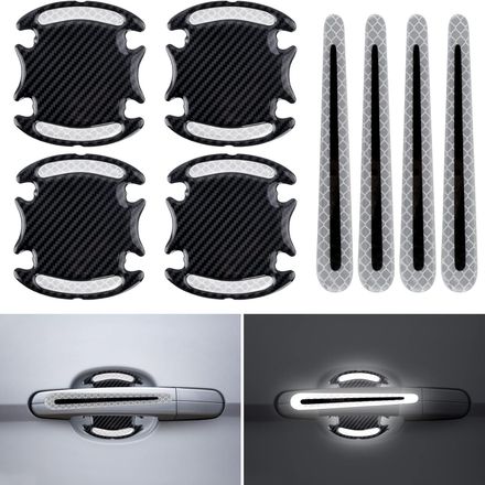 Protection anti-rayures et sécurité extérieure : lot de 8 autocollants réfléchissants universels 3D en fibre de carbone pour portes de voiture thumbnail 1