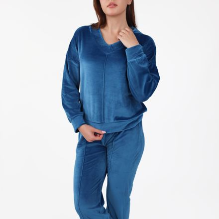 Pyjama Col V à Pantalon Evasé | Collection Velvet Bleu thumbnail 1