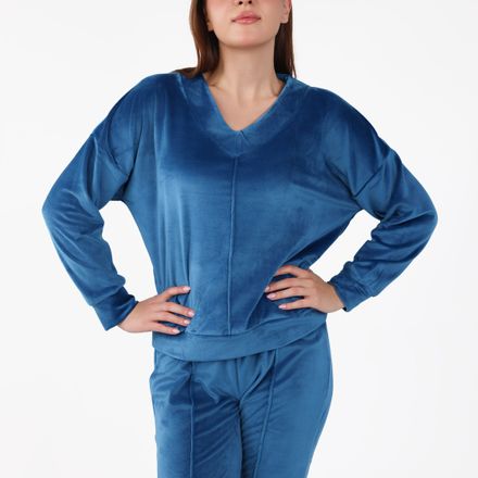 Pyjama Col V à Pantalon Evasé | Collection Velvet Bleu thumbnail 2