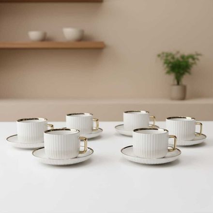Set de 6 tasses à thé en porcelaine 200ml avec avec 6 assiettes sous tasse dore – Élégance et raffinement intemporel thumbnail 2
