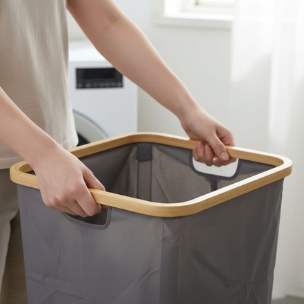 Panier de Rangement Pliable pour Linge avec Cadre en Bambou et Poignées 45cm/29cm - Gris thumbnail 1