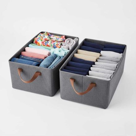 Lot de 2 boîtes de rangement pliables avec poignée, 18 l, pour étagères, tiroirs, en tissu, pour vêtements, draps, pulls, t-shirts, couvertures (47 x 28 x 19 cm, gris) thumbnail 1