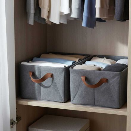 Lot de 2 boîtes de rangement pliables avec poignée, 18 l, pour étagères, tiroirs, en tissu, pour vêtements, draps, pulls, t-shirts, couvertures (47 x 28 x 19 cm, gris) thumbnail 2
