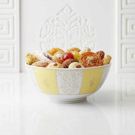 Bol En Porcelaine Fine Jaune Et Blanc Avec Motif Doré –13cm/23cm thumbnail 1