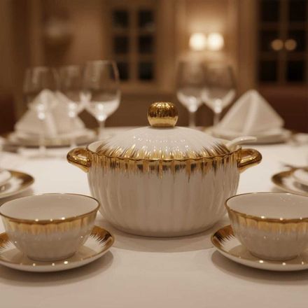 ENSEMBLE 15 PIECES SOUPIÈRE AVEC COUVERCLE ET LOUCHE ET 6 BOLS ET 6 ASSIETTES EN PORCELAINE BLANCHE DÉTAILS DORES thumbnail 3