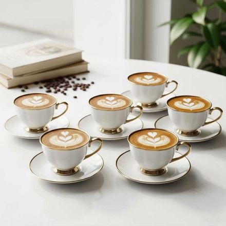 set de 6 tasses à thé en porcelaine 200ml avec avec 6 assiettes sous tasse – Élégance et raffinement intemporel thumbnail 1