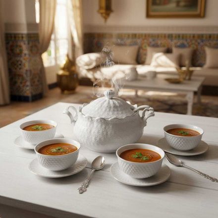 Ensemble 15 Pieces Soupière avec Couvercle et Louche et 6 Bols et 6 Assiettes en Porcelaine Blanche thumbnail 2
