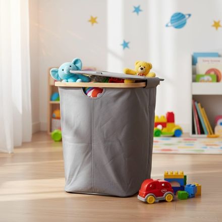 Panier de Rangement Pliable pour Linge avec couvercle 45cm/49cm avec Cadre en Bambou et Poignées - Corbeille Pliable - Panier Polyvalent pour Linge - Vêtements - Couvertures thumbnail 1