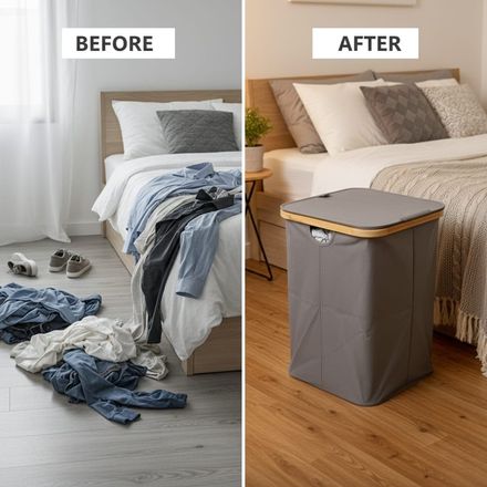 Panier de Rangement Pliable pour Linge avec couvercle 45cm/49cm avec Cadre en Bambou et Poignées - Corbeille Pliable - Panier Polyvalent pour Linge - Vêtements - Couvertures thumbnail 2