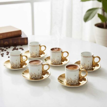 Set de 6 tasses à thé en porcelaine 100 ml avec soucoupes dorées – Élégance et raffinement intemporel thumbnail 1