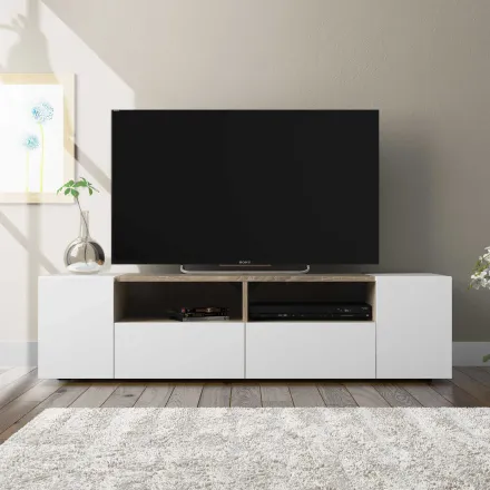 TAMIKO Meuble TV avec 4 portes (Blanc et chêne) 138 cm thumbnail 1
