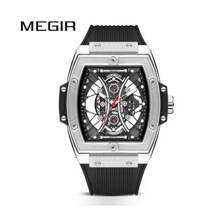 Montre pour Homme Cadran Gris Tonneau Bracelet en Silicone Noir avec Boite Free thumbnail 1