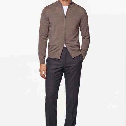 Zip Knit Cardigan – Taupe – 100% Extra-fine Merino Wool thumbnail 3