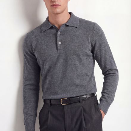 Merino Knit Polo – Mid Grey – 100% Superfine Virgin Wool thumbnail 2