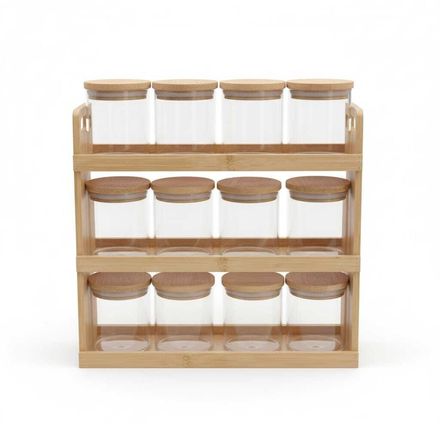 Rangement à épices et condiments 12 pièces -organisateur à boîtes à épices avec couvercle en bambou hermétique thumbnail 3