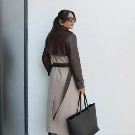 Manteau Long À Chevrons / Détails En Cuir  thumbnail 1