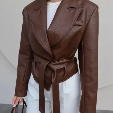 Jacket Ceinturé En Similicuir - Marron thumbnail 2