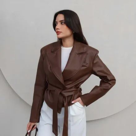 Jacket Ceinturé En Similicuir - Marron thumbnail 4