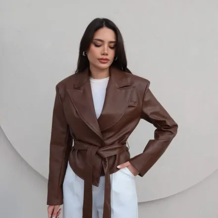 Jacket Ceinturé En Similicuir - Marron thumbnail 1