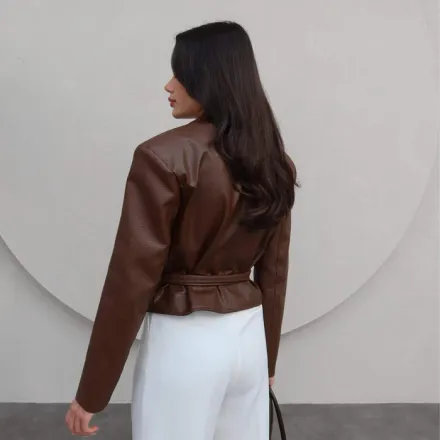 Jacket Ceinturé En Similicuir - Marron thumbnail 3