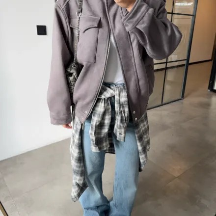 Blouson Bomber En Daim À Col Montant thumbnail 2