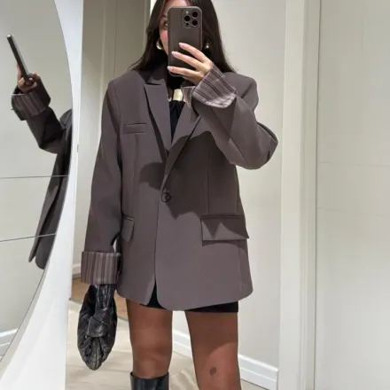 Blazer Oversize À Doublure Rayée - Taupe thumbnail 2