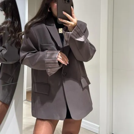 Blazer Oversize À Doublure Rayée - Taupe thumbnail 3