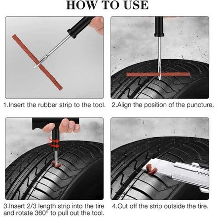 Kit De Réparation De Pneus Tubeless, Mèches Et Outils Inclus Pour Voiture Et Moto, 5 Bandes De Vulcanisation thumbnail 4