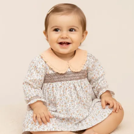 Robe Bébé Fille Imprimé Fleuri & Col Contrasté Pêche thumbnail 3