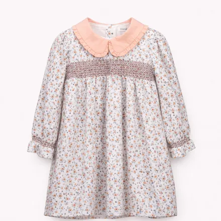 Robe Bébé Fille Imprimé Fleuri & Col Contrasté Pêche thumbnail 1