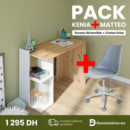 Pack Bureau Kenia Réversible + Chaise Matteo Gris thumbnail 2