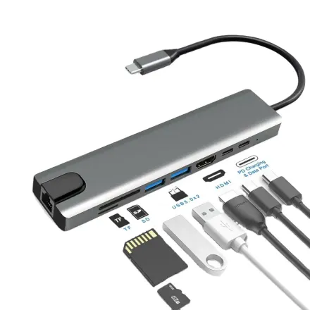 Adaptateur Usb Type-c 8-en-1 Vers Hdtv/hdmi Pour Pc Et Macbook – Multi -ports Usb-a, Rj45, Sd/tf, Charge Pd thumbnail 1