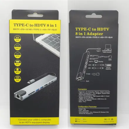 Adaptateur Usb Type-c 8-en-1 Vers Hdtv/hdmi Pour Pc Et Macbook – Multi -ports Usb-a, Rj45, Sd/tf, Charge Pd thumbnail 2