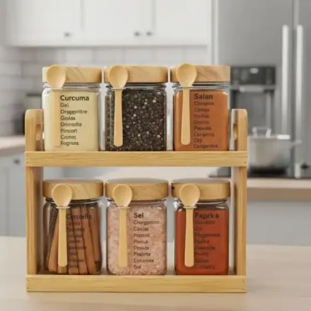 Ensemble De 6 Bocaux À Épices En Verre Avec Support En Bambou Et Mini-cuillères thumbnail 1